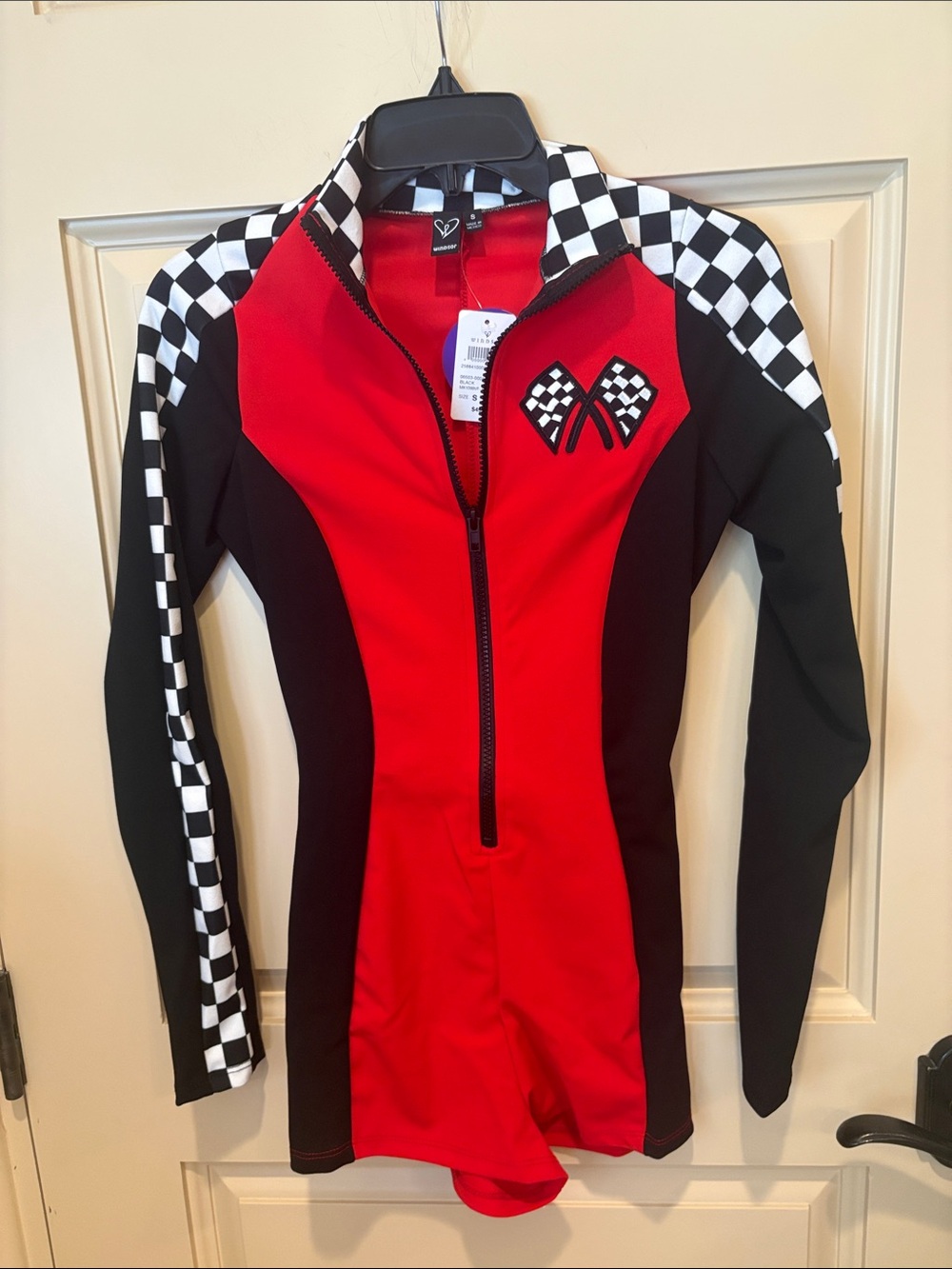 Women’s sexy Red & Black Racing One-Piece costume with Checkered Detail